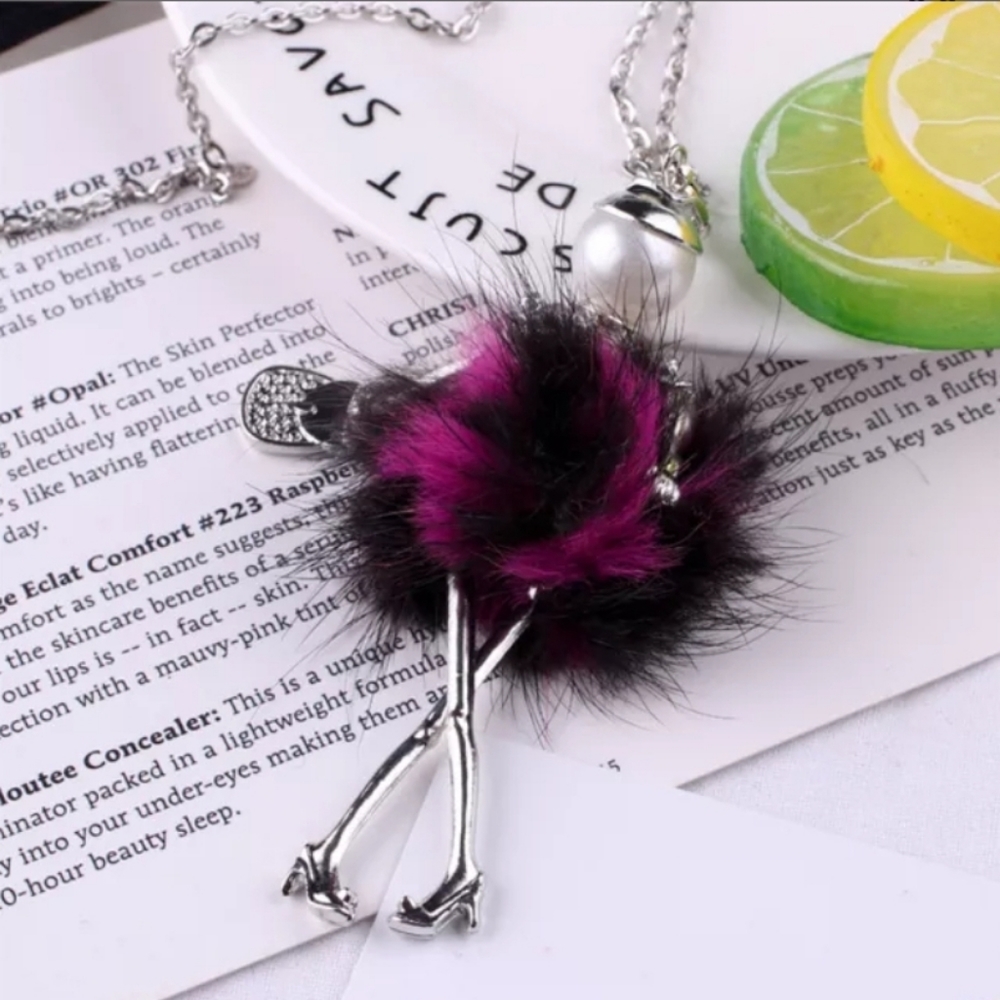 💋Silver Doll Pendant Necklace with Pink & Black Fur Pom